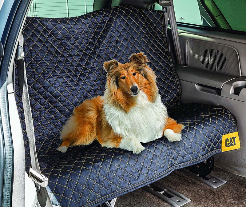 Padded utility moving blanket for car seats, dark blue quilted grid with CAT patch