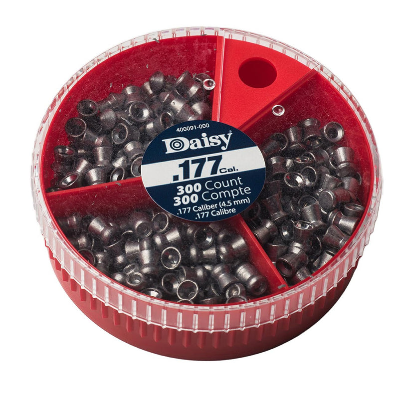Red plastic container filled with dark .177 caliber airgun pellets