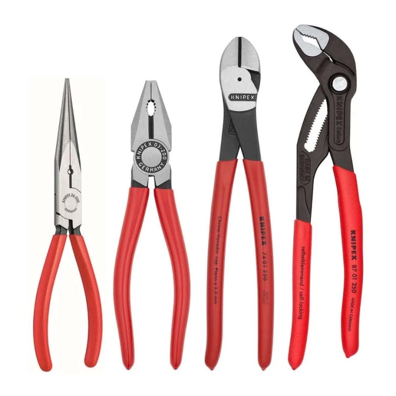 Knipex special pliers set with 4 pliers, red-and-black insulated handles and steel heads