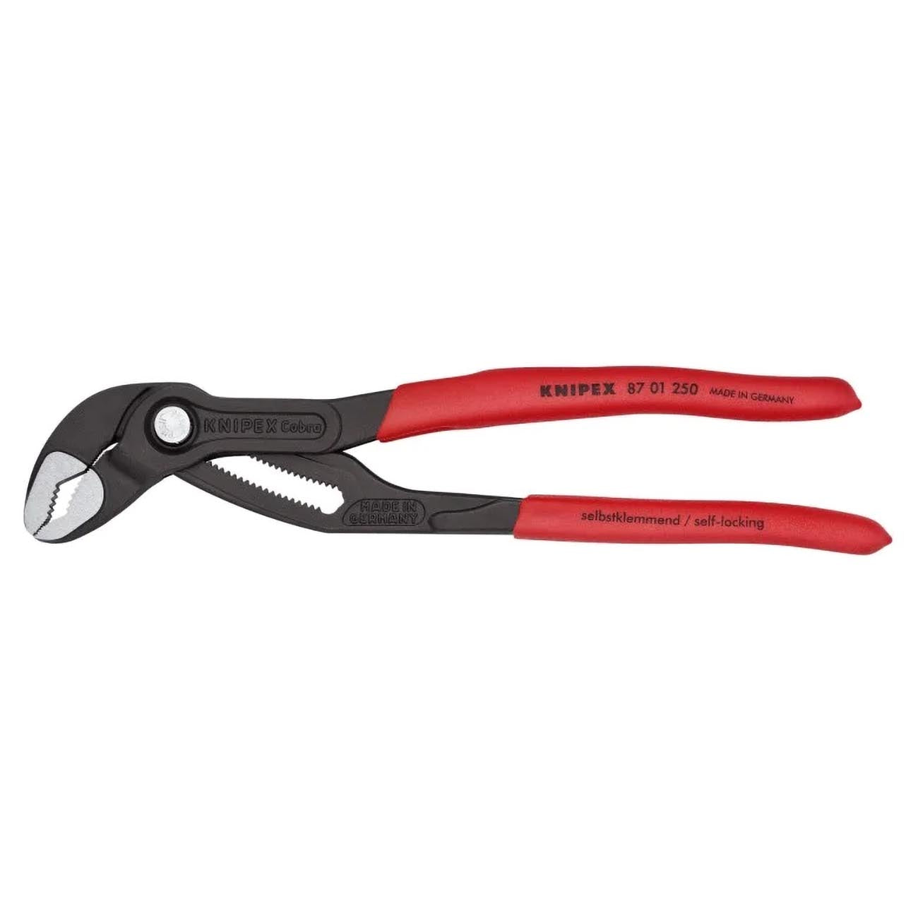 Locking pliers with curved jaws and serrated teeth, black head and red handles