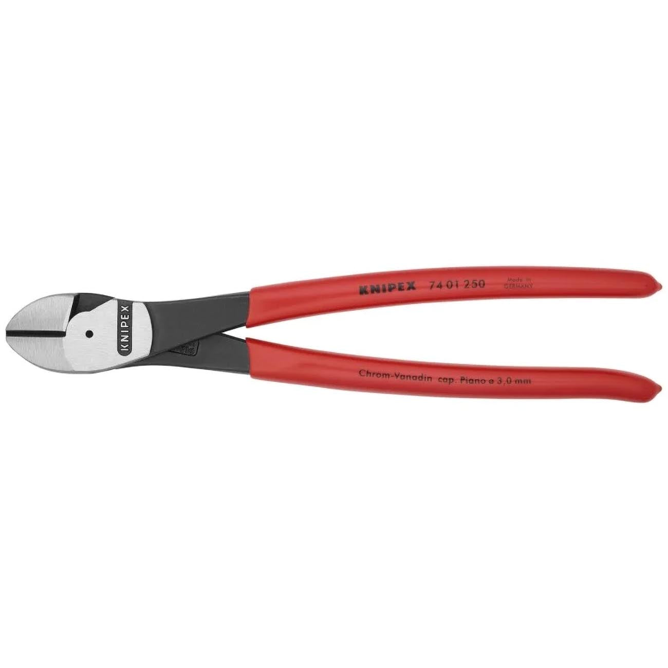 Diagonal cutting pliers with angled cutting edges, red handles and black head
