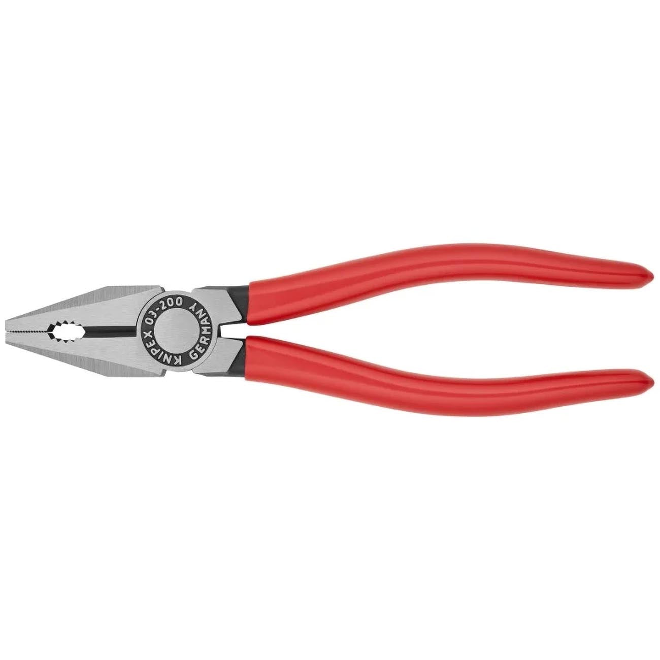 Long nose pliers with fine tips and circular jaw details, red handles and silver head