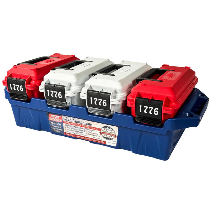 Multi-can ammo crate with four 30-caliber cans, red and gray tops on blue base.