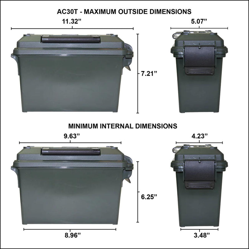 Ammo can dimensions chart showing outside and inside measurements with lid and front views.