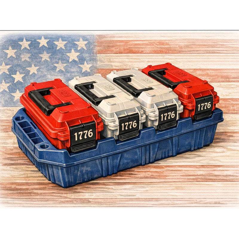 Multi-can ammo crate with four 30-caliber cans stacked, red lids and gray labels on blue.