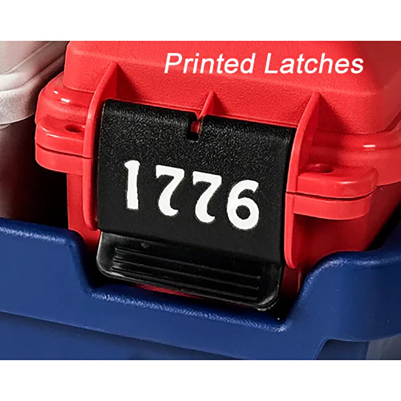 Ammo can latch showing '1776' on black panel, red housing and blue base.