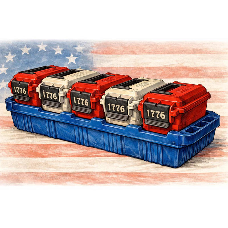 Limited-edition ammo crate with five red and gray cans on blue tray, side view
