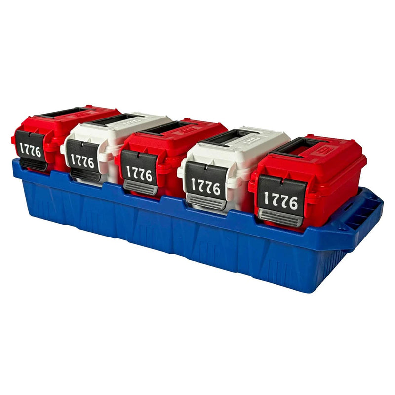 Ammo crate with five red and gray cans on blue tray, angled view