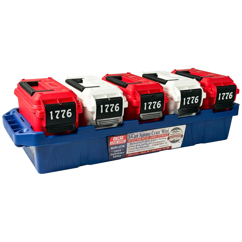Ammo crate with five red and gray mini cans on blue base, front label strip