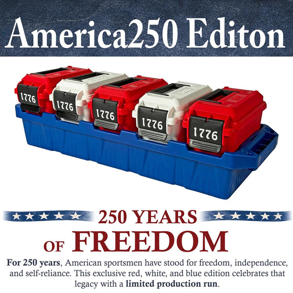 Ammo crate with five red and gray cans on blue base, black '1776' fronts