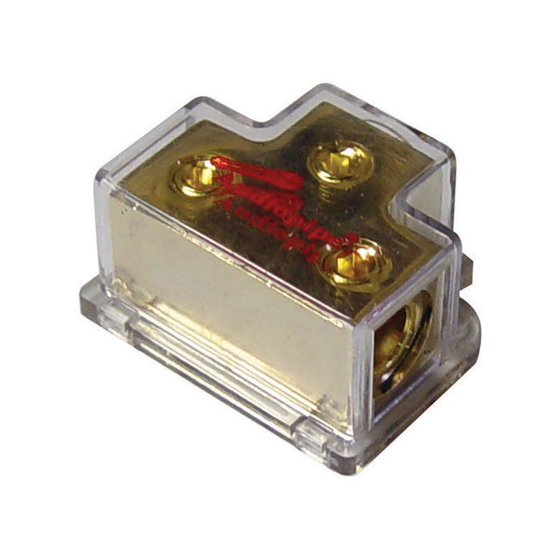 Clear housing distribution block with two gold terminals and side cable opening