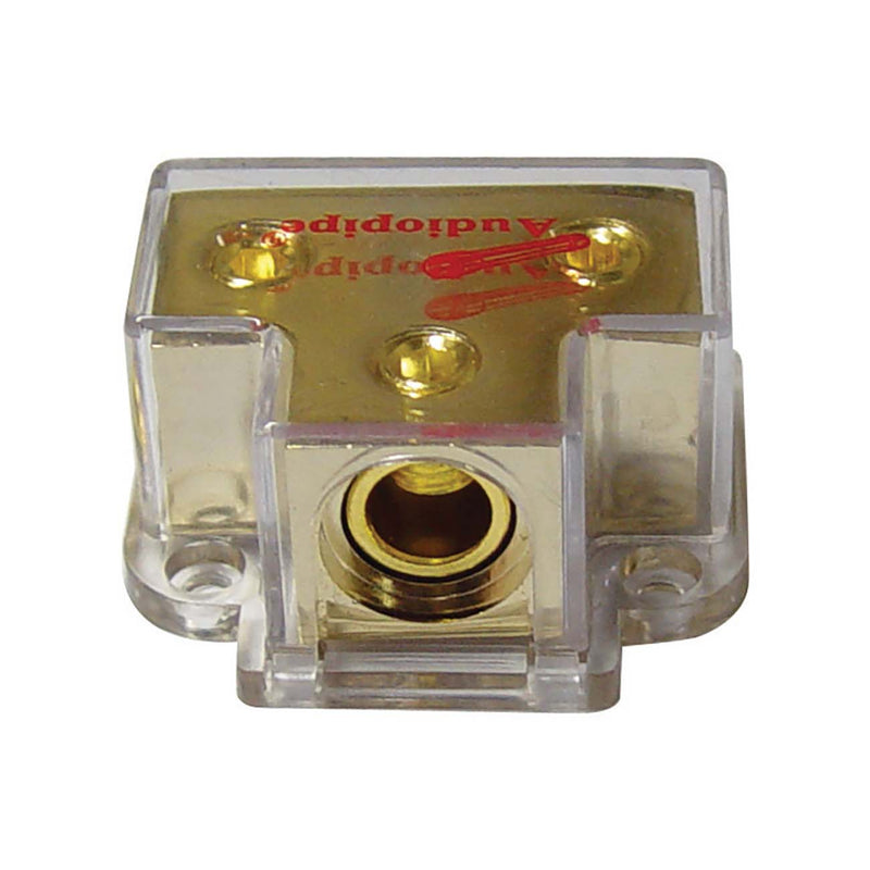 Distribution block with front threaded port in clear plastic casing over gold terminals