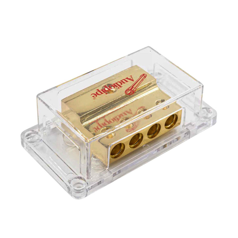 Audiopipe distribution block with clear case and four gold terminals, brand label visible