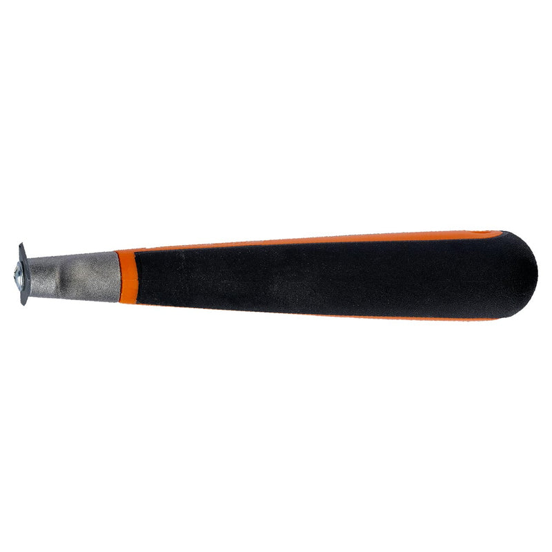 Paint scraper with metal blade and orange collar on black cushioned handle