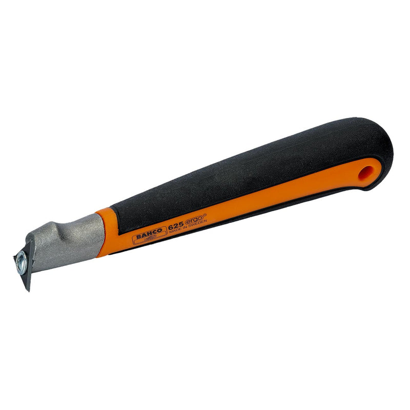 Paint scraper tool with orange-black ergonomic handle and angled metal scraping blade
