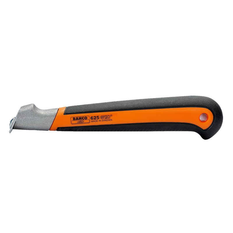 Paint scraper handle end with textured black grip and orange accent ring