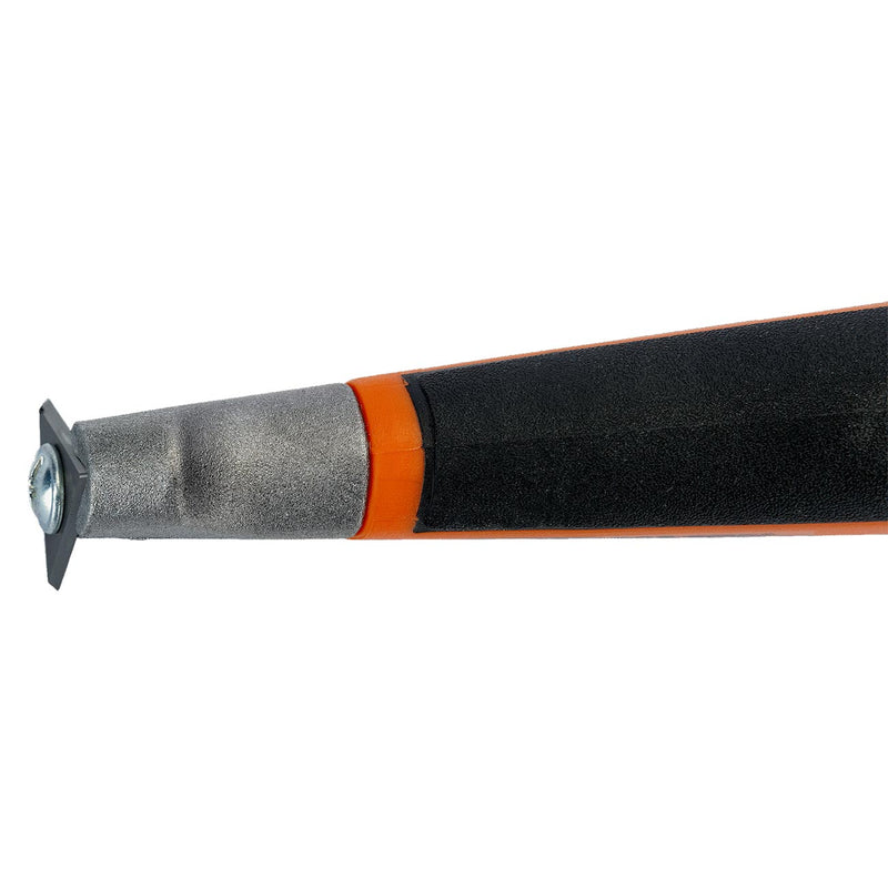 Paint scraper with wide metal blade and orange ring on textured black handle