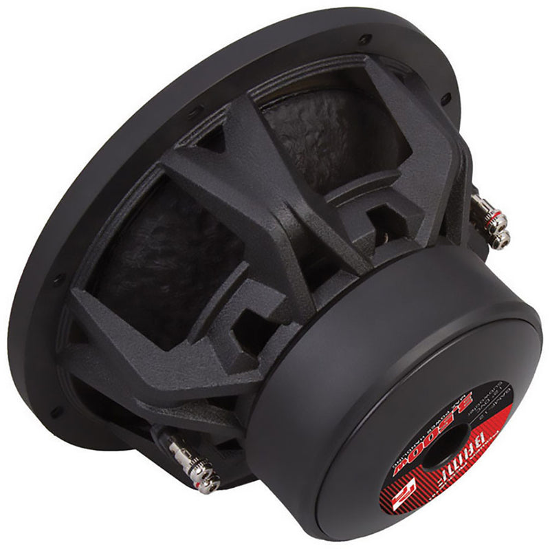 Black 15-inch subwoofer with vented grill and dual terminal connectors on side