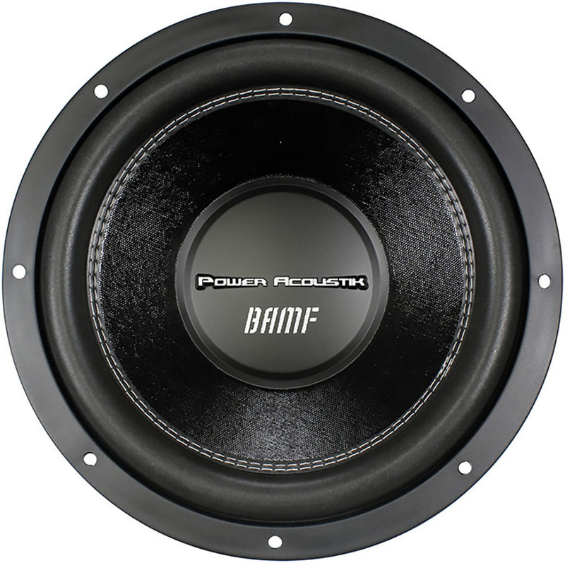 Black 15-inch car subwoofer cone with stitched surround and Power Acoustik center badge