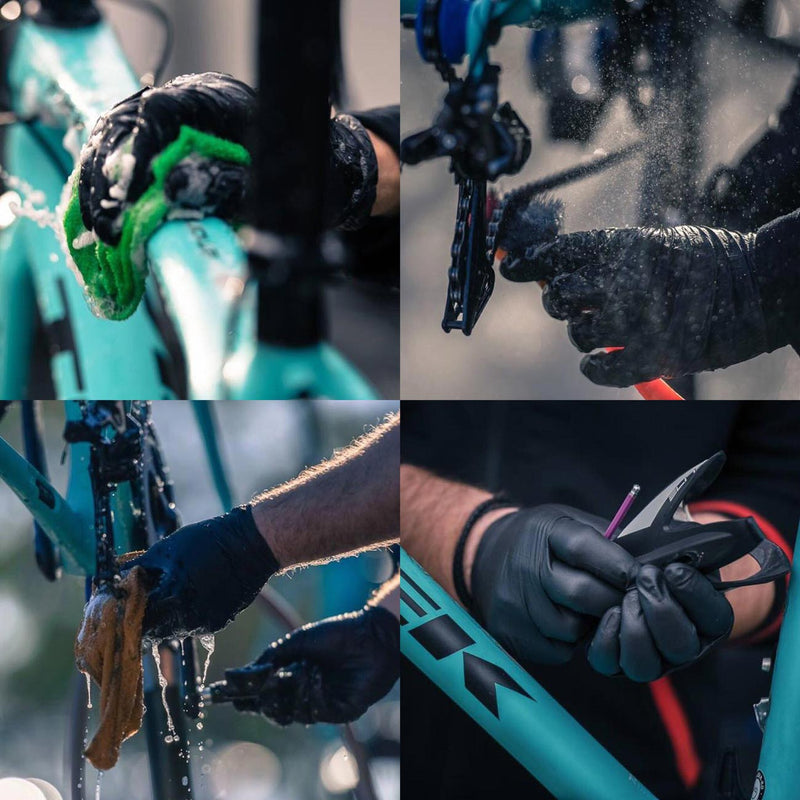 Black powder-free textured nitrile gloves, X-large, worn on hands with grip texture