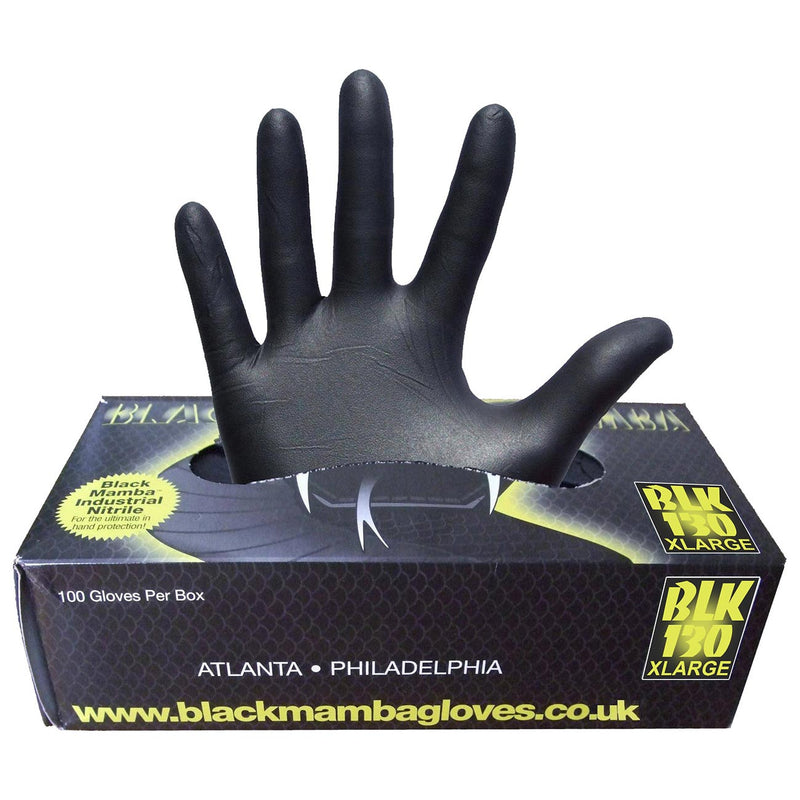 Black textured nitrile gloves, X-large box front with grip style branding