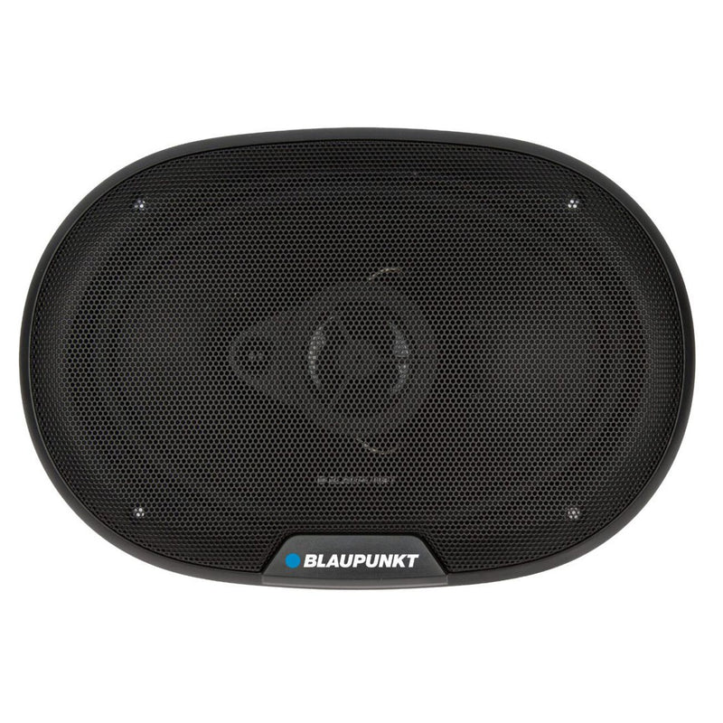 Black 6x9 coaxial speaker with oval perforated grille and Blaupunkt badge