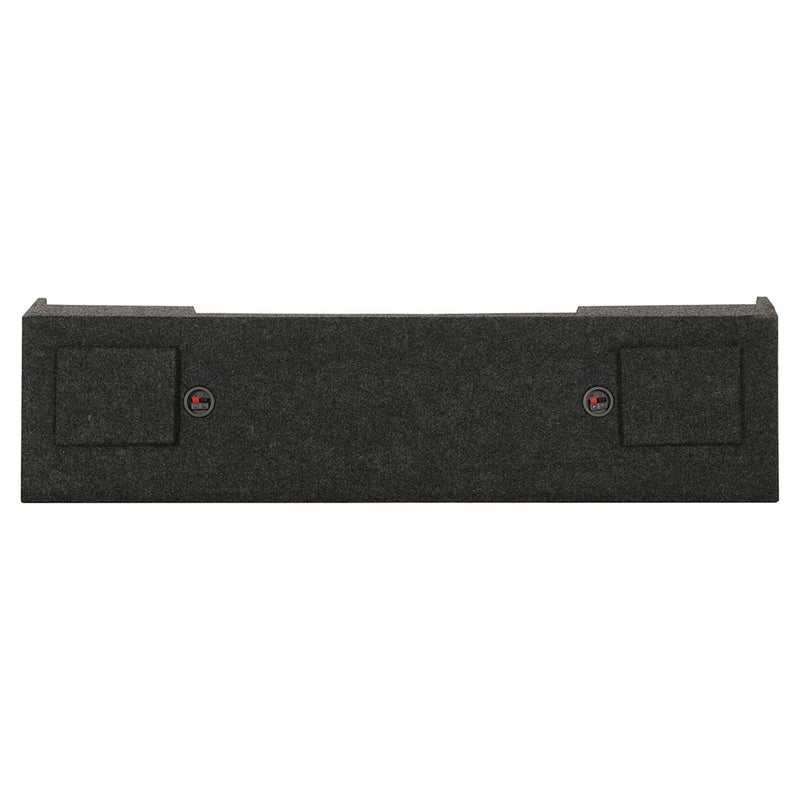 Dark gray rear panel of empty dual 12-inch woofer box with two circular mounting spots