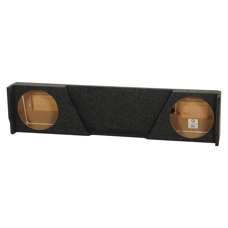Long dark gray dual 12-inch empty woofer box with left and right round openings