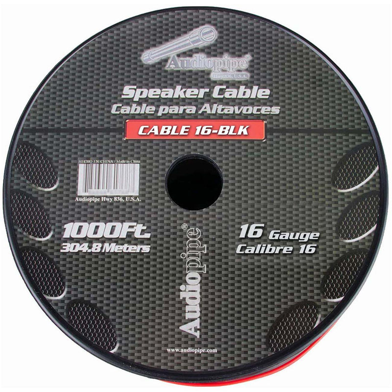 Speaker cable spool label showing 16 gauge, 1000 ft, black/red wire