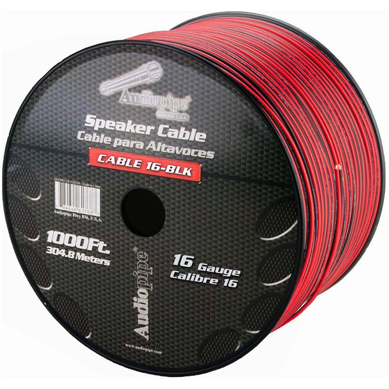 16-gauge black and red speaker wire spool with wound cable, angled view
