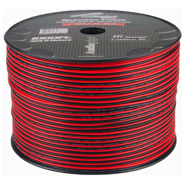 16-gauge speaker wire spool with black and red conductors, top view