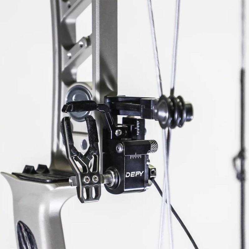 Black drop-away arrow rest detail with mounting bracket and DEFY adjustment