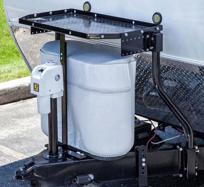 Trailer tray platform with black frame, white bin, and side-mounted electrical control box