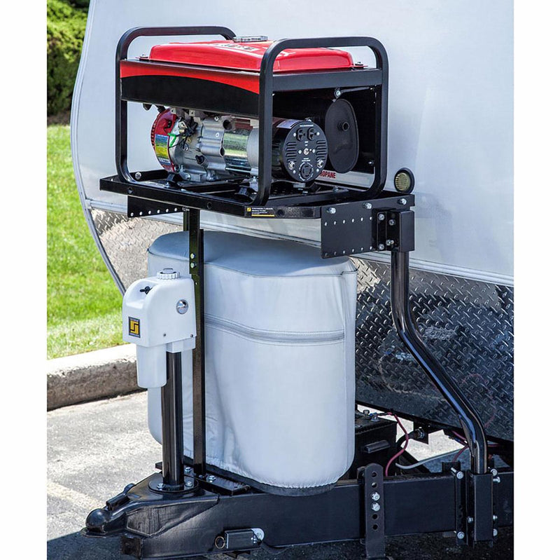 Trailer tray with black frame and generator compartment, white bin underneath