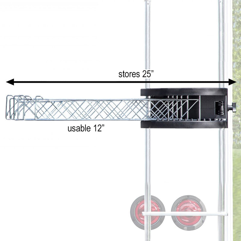 Clothes dryer arm measures usable 12" and stores 25" on ladder-mount bracket