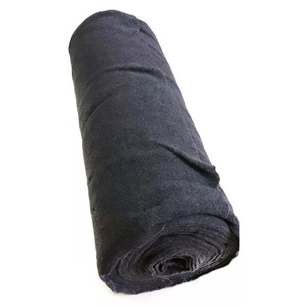 Charcoal gray carpet liner roll, tightly wrapped with folded edge visible