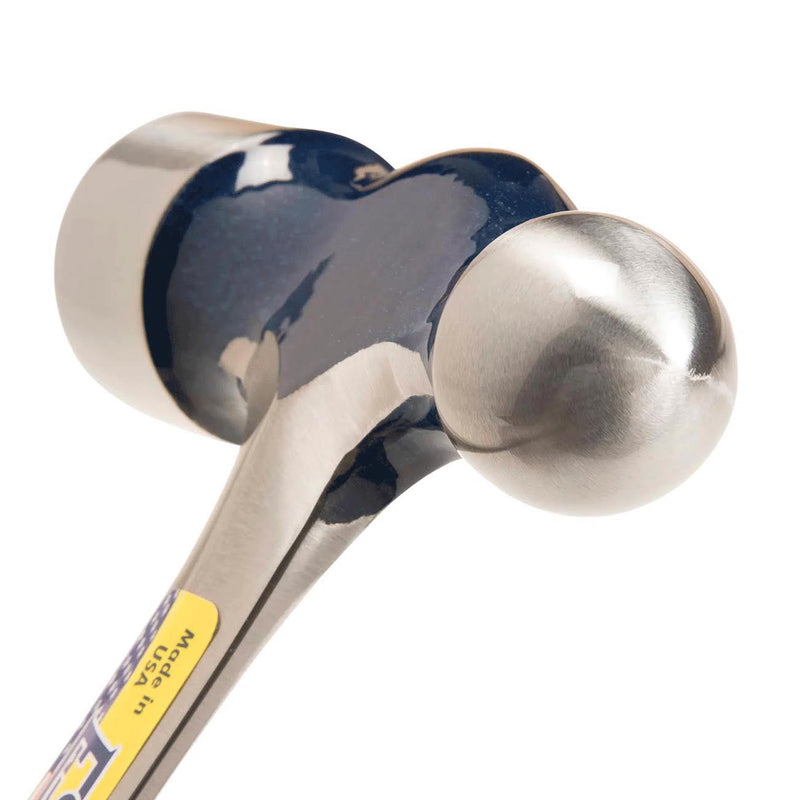 Estwing ball peen hammer head with dark blue shock grip and silver steel striking ends