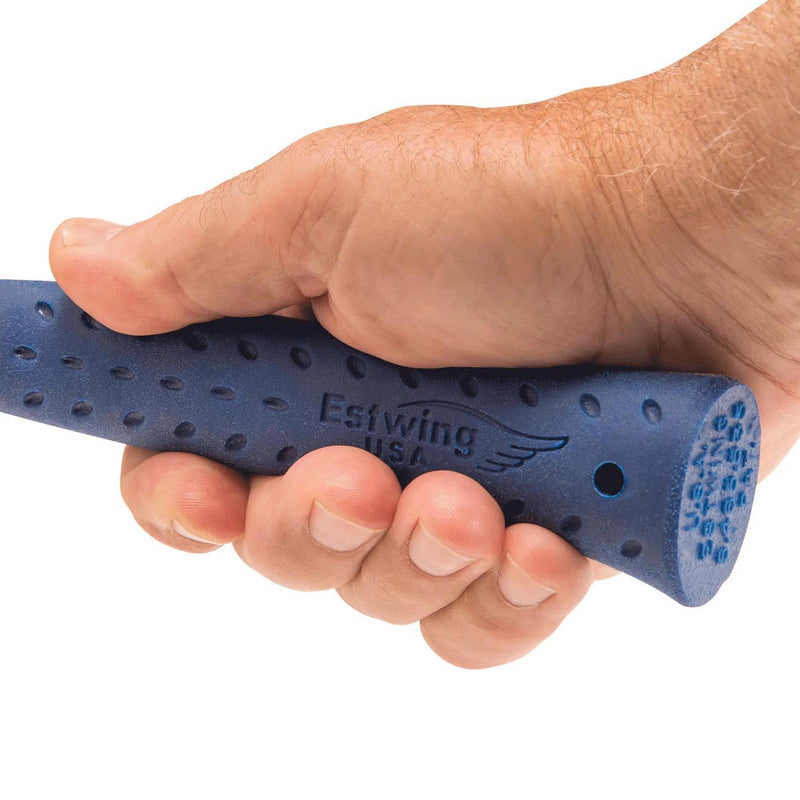 Estwing shock-reduction blue hammer grip with textured pattern, held in hand