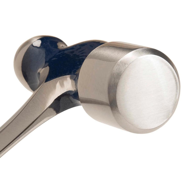 Estwing ball peen hammer head with silver face and textured dark blue grip