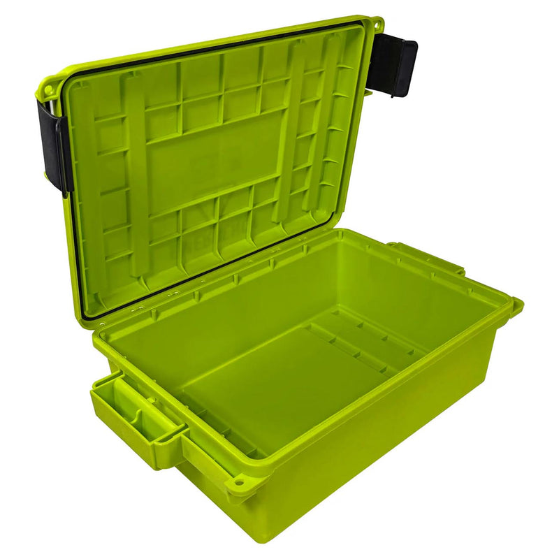 Neon green emergency supply box open with molded compartments and black latch