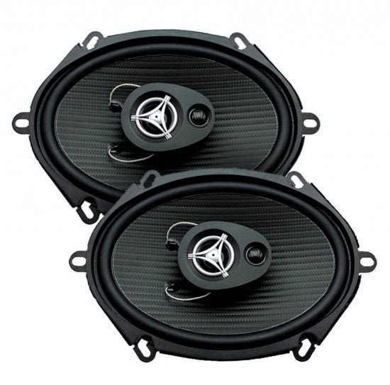 Black 5x7 in 3-way car speaker pair with tweeter and dual grilles
