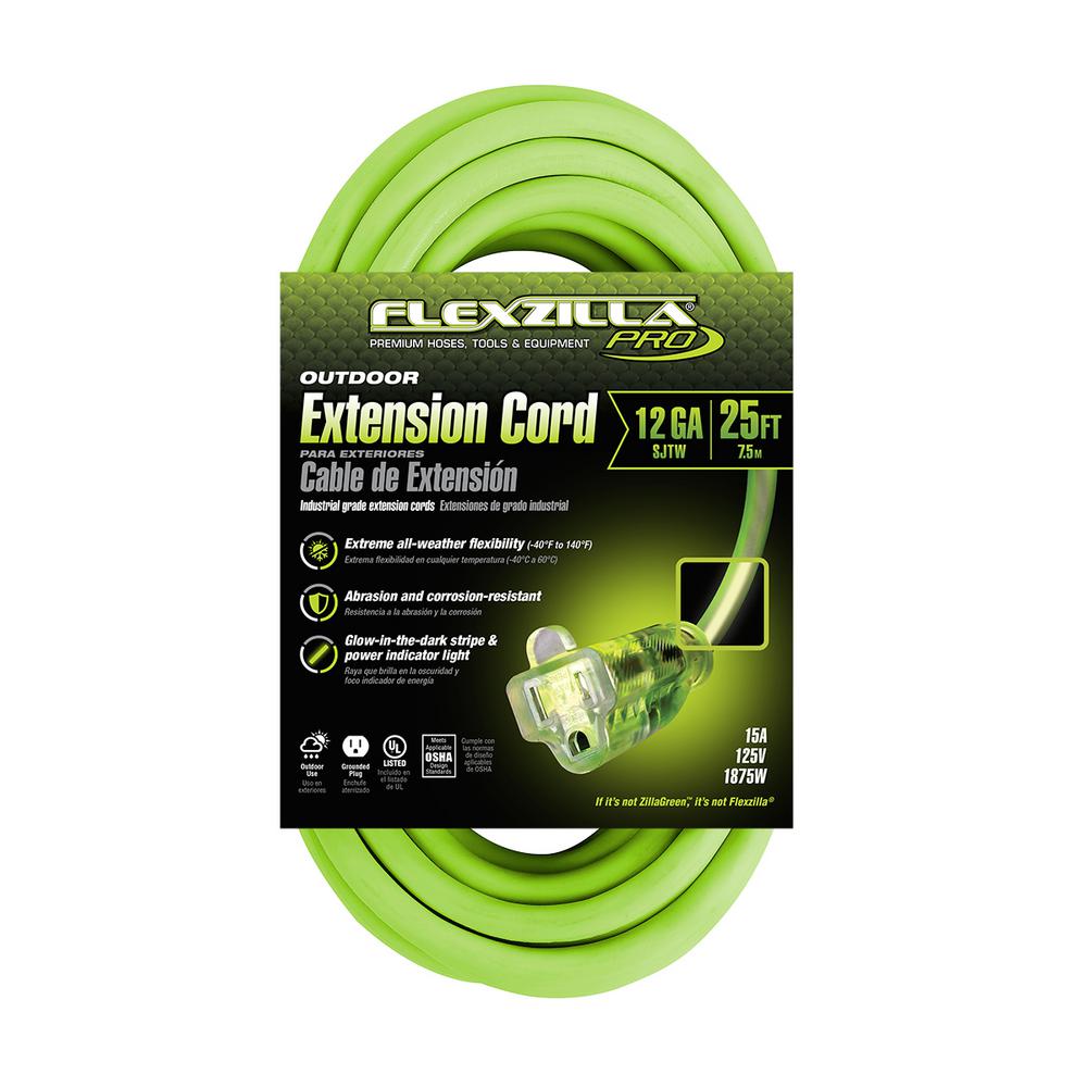 Flexzilla® Pro Extension Cord 12/3 Awg Sjtw 25' Outdoor Lighted Plug Zillagreen™ - Home & Garden