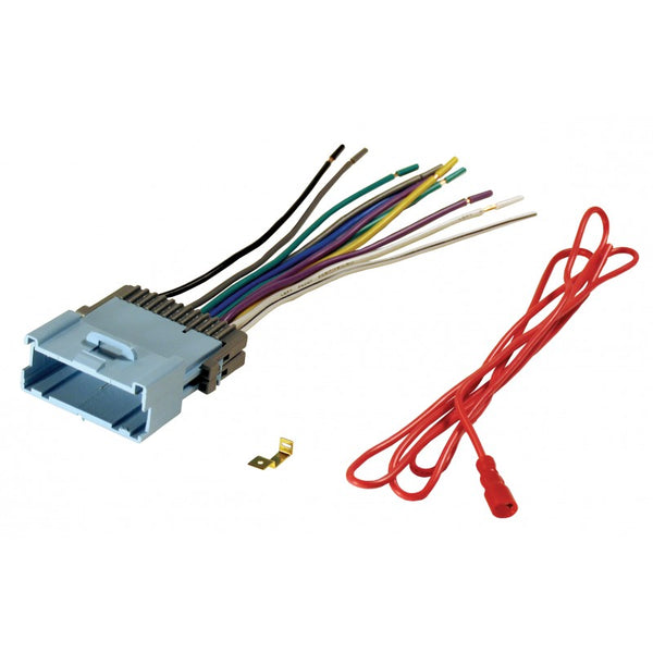 Vehicle wiring harness with grey connector and multicolor wire leads, plus red fuse leads