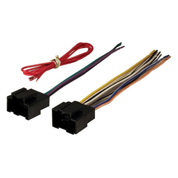 Vehicle wiring harness with two black connector plugs and colored wire leads