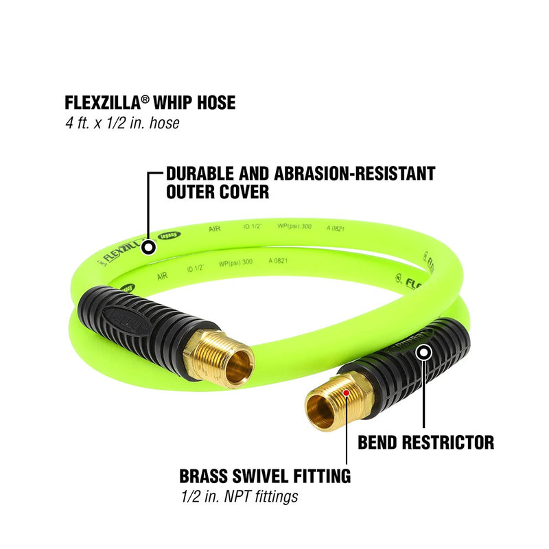 Coiled green whip hose with black ribbed cover and brass swivel fittings, 1/2 in