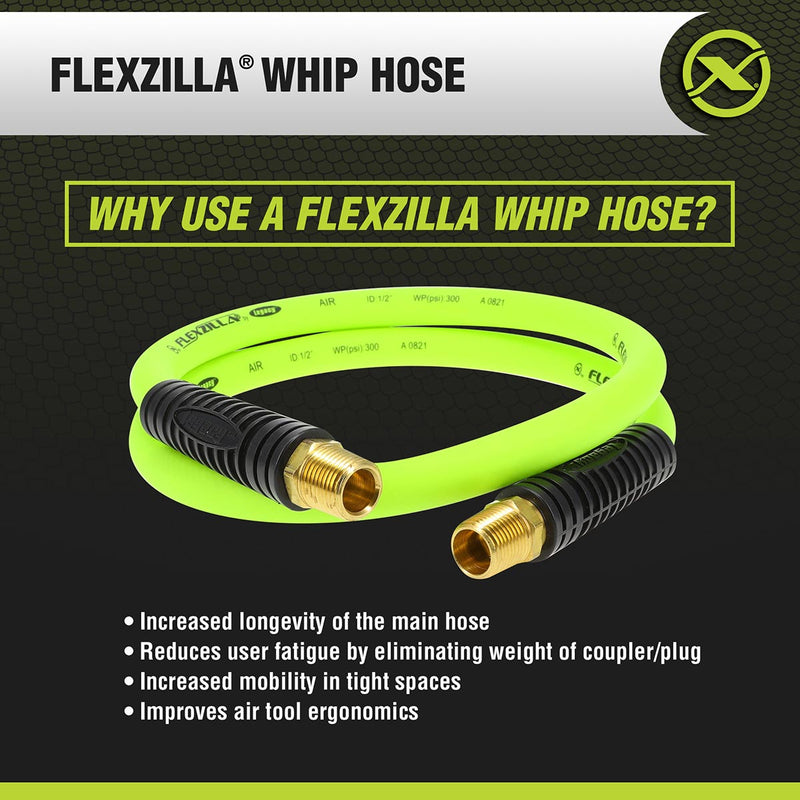 Green whip hose with black ribbed cover and brass hose ends