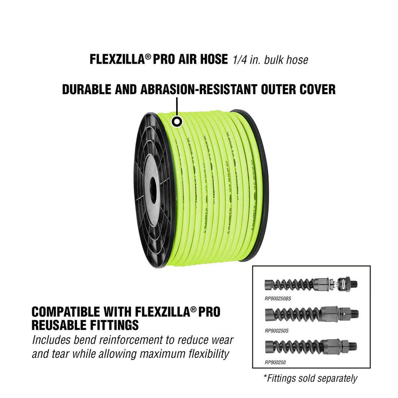 Bright green 1/4 in air hose on spool, plus reusable fitting inset