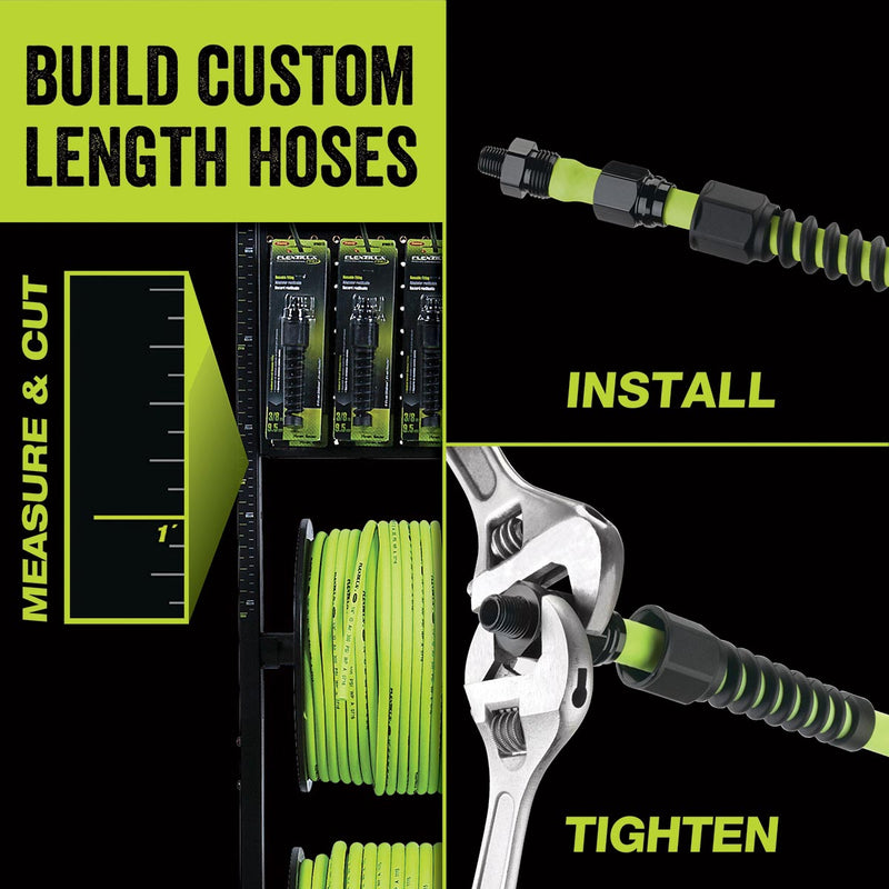 Bright green 1/4 in air hose with couplers, shown being tightened by a wrench