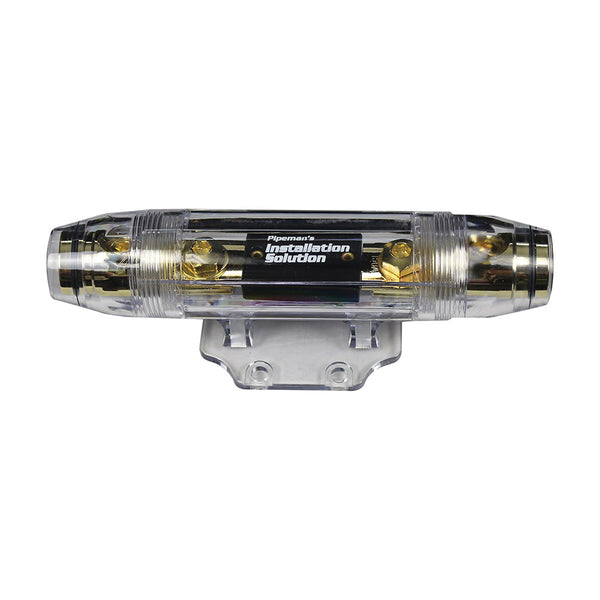 Heavy-duty ANL fuse holder with clear housing, gold terminals, and mounting bracket