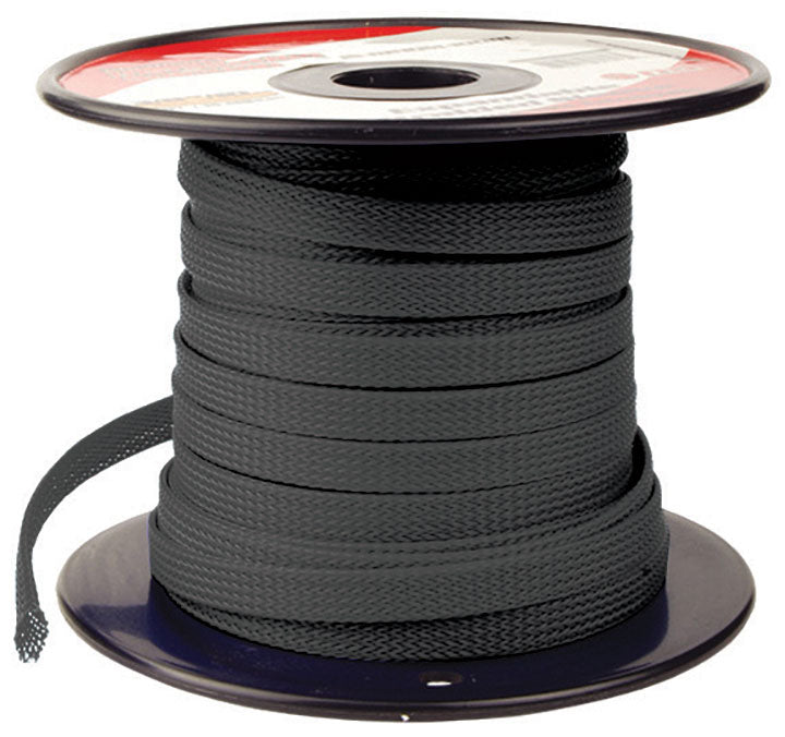 Black expandable braided sleeve cord on spool, coiled with loose strand